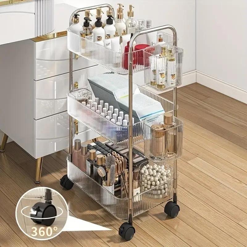 Portable 3-Tier Rolling Acrylic Makeup Cart Transparent Multi-Layer Storage Organizer for Bathroom Living Room
