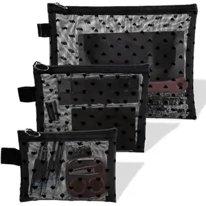 3 count Mesh Toiletry Bag,3 Sizes of Heart Mesh Makeup Bags with Zipper, Print Pouches for Purse, Purse Bags for Organization, Black Nylon Meshes  Bag for Travel and  Storage