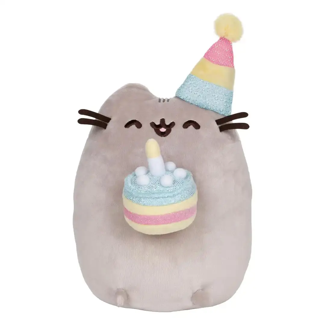 GUND Pusheen 9.5-Inch Iridescent Shimmering Birthday Cake Character Shaped Stuffed Toy - Pastel Stripes, Cheerful Yellow Pom-Pom Topper, Surface-Washable Construction, Cute Stuffed Toy for Party Theme, Decorative Plush Gift for Pusheen Fans