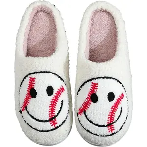 Baseball Fuzzy Slides Soft Slippers Cozy Indoor House Shoes with Smiley Baseball Face Embroidery Soft Plush Warm Footwear