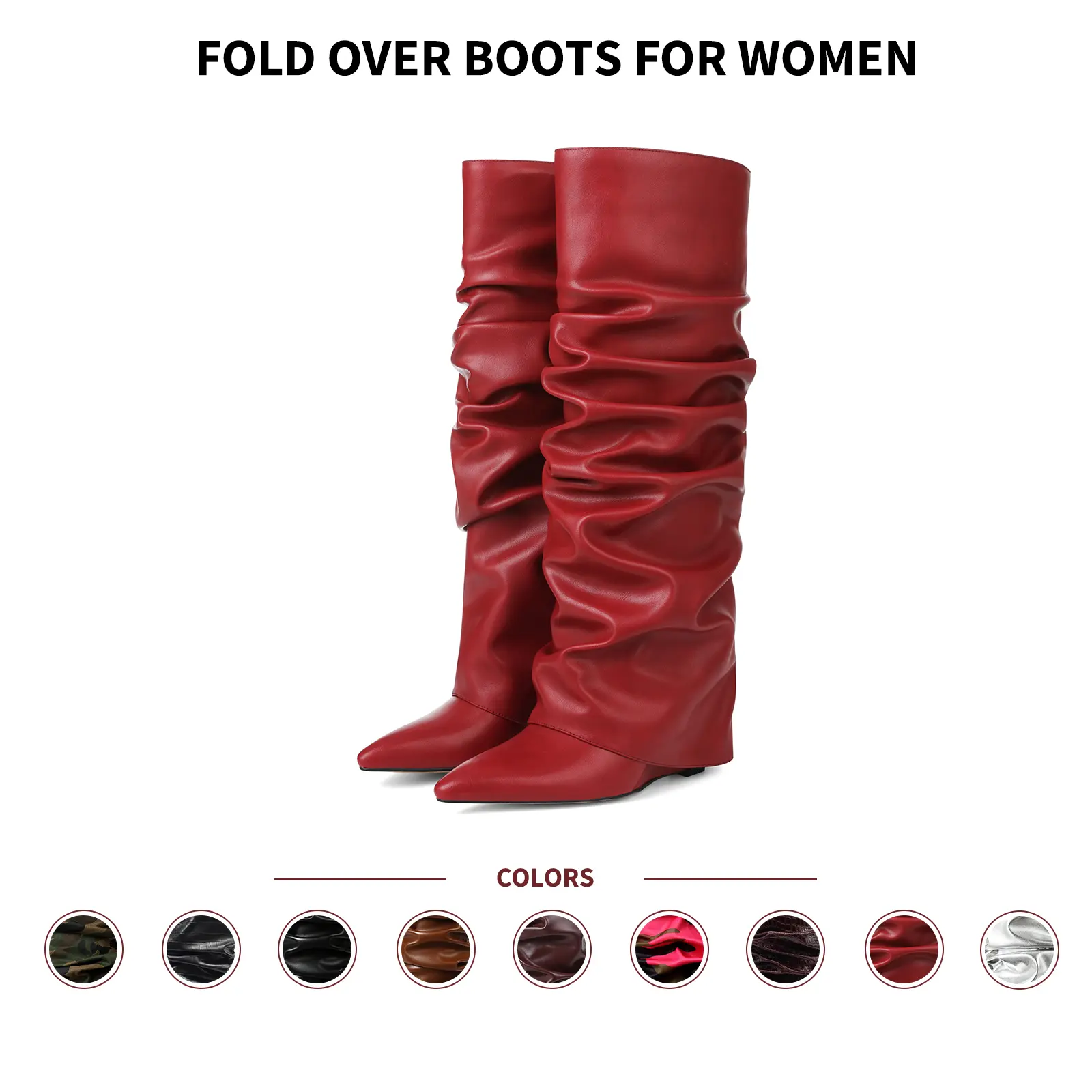 VIMISAOI Knee High Boots Slouchy Pointed Toe Wedge Heel Pull On Tall Soft Leather Ruched Elegant Minimalist Classic Chic Statement Premium Stylish Comfy Casual Office Business Shopping Date Event Concert Travel Photoshoot Fashion Dress Boots Summerwins