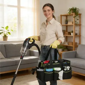 Extra Large Wearable Cleaning Caddy with Adjustable Shoulder Strap & Waist Belt, Heavy Duty Cleaning Supplies Organizer Tote with Removable Divider, Waterproof Oxford Fabric for Housekeeper & Janitor