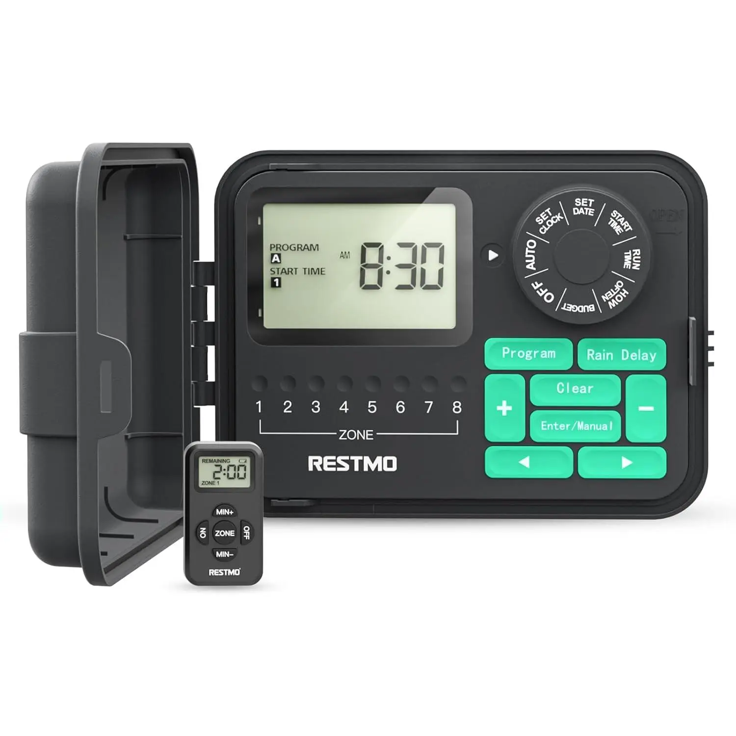 RESTMO Remote Control 8-Station Swing Panel Sprinkler System Timer, Outdoor Sprinkler Controller with Rain Delay/Manual/Automatic Watering System, Digital Irrigation for Yard, Lawn & Garden