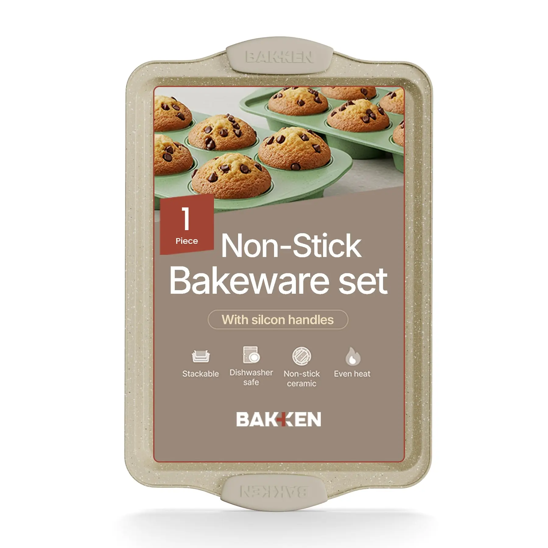BAKKEN Kitchen Baking Pans - 15.15 x 10.03" Medium Nonstick Sheet, Durable Carbon Steel Cookie Sheet with White Silicone Handles, PFOA, PFOS, PTFE Free, Oven Safe Tray (Up To 450°F), Set of 1