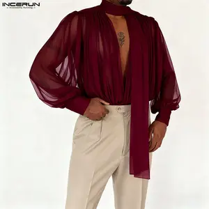 INCERUN Menswear Wine Red Sheer Deep V Scarf Blouse - Baroque/Romantic Style, Dramatic Lantern Sleeves, Sexy Men's Clothes - Stage Wear Costumes for Party Dinner, Holiday Event