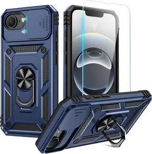 For iPhone 16e Case with Screen Protector, Heavy Duty Shockproof Rugged Bumper, Slide Camera Cover & Ring Stand – Protective Phone Case for Accessories