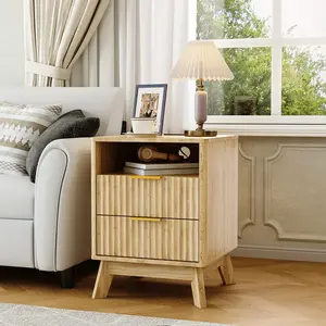 Wave Fluted Wood Nightstand with Charging Station,Modern 2-Drawer Bedside Table with Open Storage Cubby,2 USB & 2 AC Outlets,6-Inch Raised Legs for Easy Cleaning,Compact End Table for Bedroom