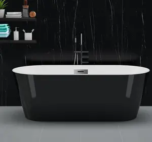 Garvee 59-Inch Acrylic Freestanding Soaking Bathtub with Non-Slip Base & cUPC Certified, Deep Soaking Tub with Integrated Chrome Drain/Overflow for Modern Bathroom Remodel, Black & White