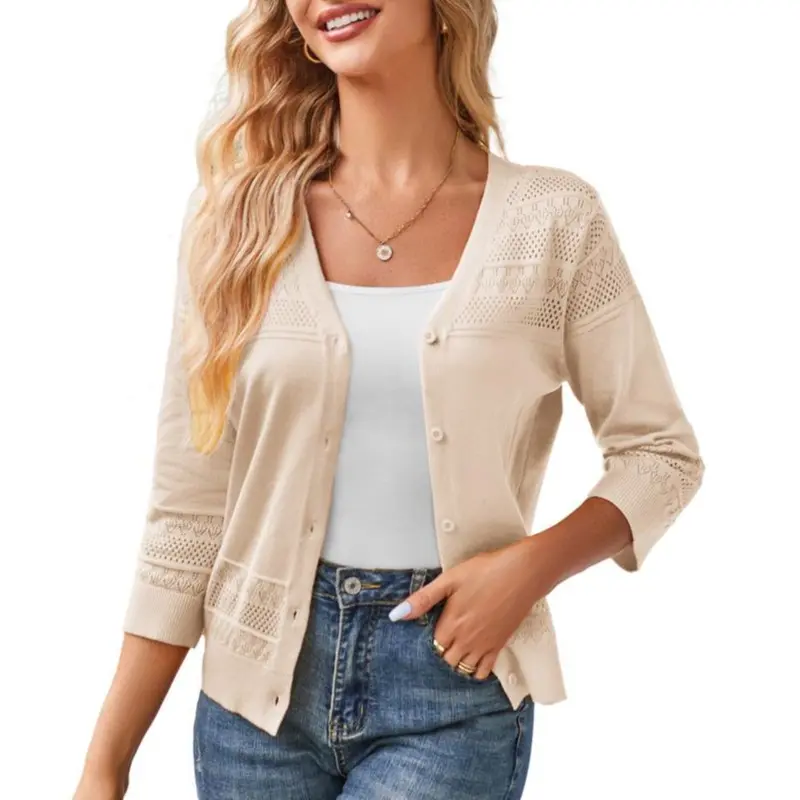 GRACE KARIN Women's 2026 Cropped Cardigan 3/4 Sleeve Lightweight Crochet Shrug Hollowed-Out Knit Sweater Tops,back to school,back to school shopping