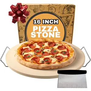 16 inch Baking Stone For Oven - Round Pizza Stone with Handles and Dough Tool - Baking Stone for Bread - Pizza Stones for Oven and Grill - Cooking Gifts for  Lovers