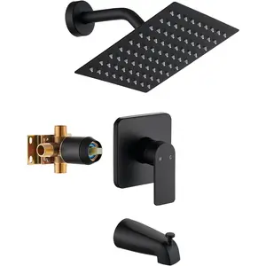 Black Tub Shower Faucet Set Complete with 8-Inch Rainfall Shower  and Tub Spout Included Shower Valve Tub Shower Trim Kit Matte Black