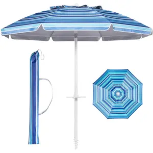 6.5ft Beach Umbrella with Tilt Pole, Portable Sand Anchor and Carry Bag, UPF 50+ Sun Shelter Air Vents Design for Outdoor Activities (Navy Blue & White)