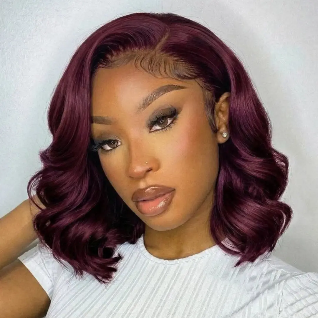 UNice Glueless Black Cherry Body Wave Bob Wig with Curtain Bangs, Pre-Cut 7x5 HD Lace Closure, Invisible Knots, Beginners-Friendly, Summer-Ready Human Hair Wig, Glueless Wigs