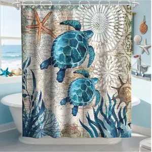 Nautical Sea Turtle Beach Theme Fabric Shower Curtain, Blue Ocean Decor with Rings and Hooks, 71x71 Inch Sky Blue Bathroom Curtains