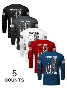 Men's 5-Piece Set Round Neck Flag Gun Print Long Sleeve T-Shirts, Casual Fitted Breathable Fabric, Outdoor Sportswear, Sportswear Top, Ideal for Spring & Fall Outdoor Sports, Breathable Gym Shirts