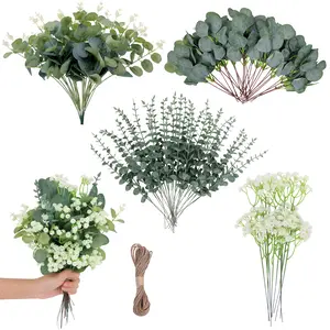 Faux Eucalyptus Stems 100 Pcs 4 Kinds Mixed Faux Greenery - Silver Dollar Decorative Plants for DIY Bouquet Centerpieces - Fruit