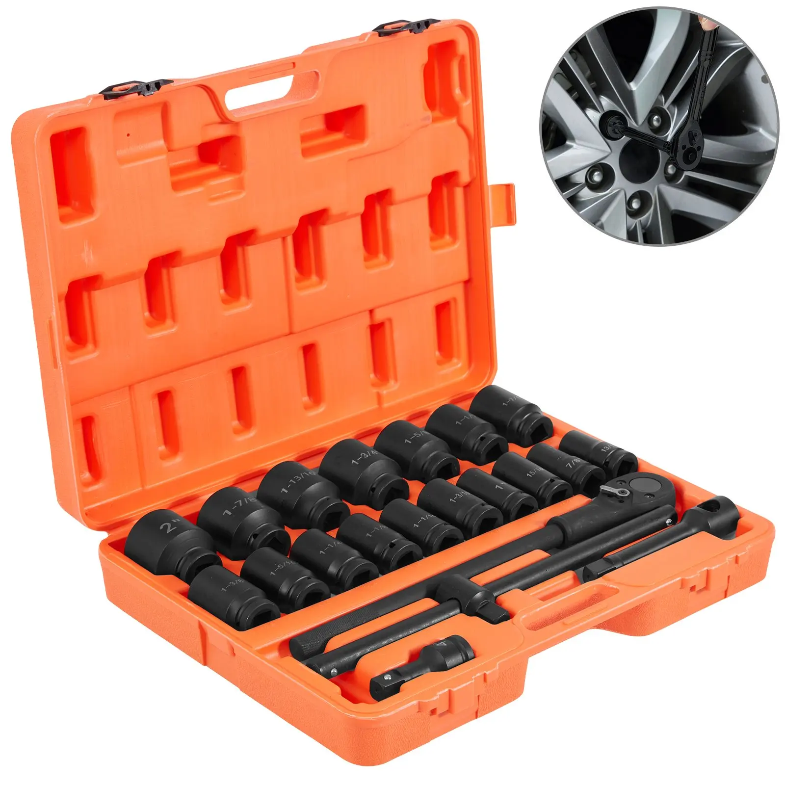 【summerfinds】VEVOR Impact Socket Set 3/4 Inches 22 Piece Deep Impact Sockets, Socket Assortment 3/4 Inches Drive Socket Set Impact Standard SAE Sizes 7/8 Inches to 2 Inches Includes Adapters and Ratchet Handle