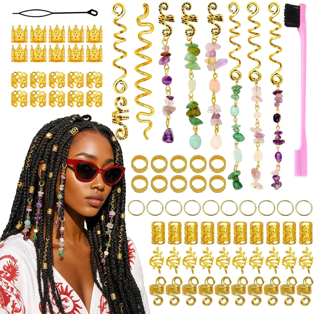 80PCS Natural Crystal Stone Dreadlock Accessories,Hair Jewelry for Braids Hair Spirals Gems Charms Adjust Gold Loc Jewelry for Hair Cuffs for Adult Women Braids Hairstyle Decoration