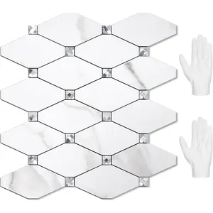 STICKGOO 10 Sheets Glass Marble Peel and Stick Backsplash, Tiles Sticker Self Adhesive Mixed Metal Backsplash for Kitchen/Bathroom/Fireplace/RV - Calacatta Wall Art Stickers Decorative