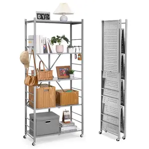 fathersdaygift VEVOR 5-Tier Foldable Storage Shelf, 32Wx 14Dx 72H Inch Folding Metal Rack Shelving Unit, No Assembly Organizer Shelf with 5 Wheels 4 Hooks for Pantry, Kitchen, Garage, Basement, Grey