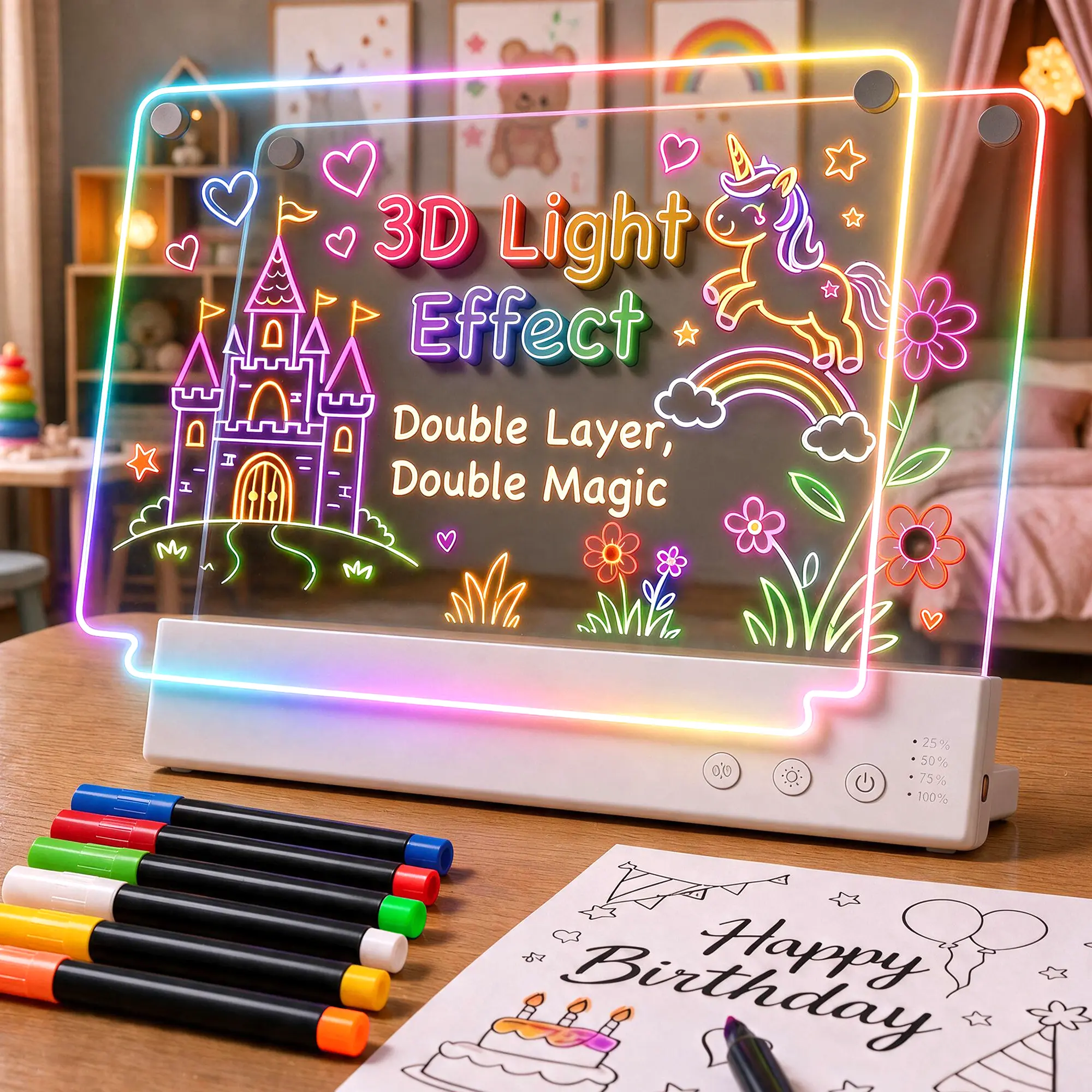FHXIUA Dual-Layer Rechargeable LED Drawing Board for Kids, 16" Glow Doodle LED Note Board with Color Lights, Acrylic Dry Erase Light Up Drawing Pad, Drawing Tablet Gifts for Easter Birthday Christmas Gift Ideas