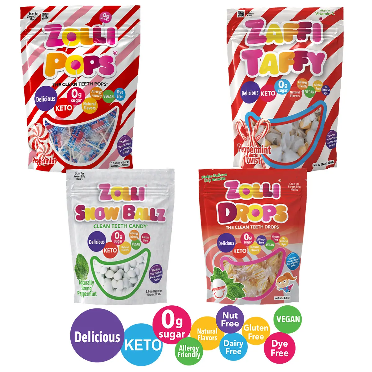 Zolli Peppermint Lollipops, Taffy, and Drops Naturally Strong Peppermint, Delicious, Zero Sugar, KETO, Vegan, Gluten Free, Allergy Friendly, No Artificial Dyes, Kosher - Helps Relieve Dry Mouth Sugar Free Natural Snack Sweet
