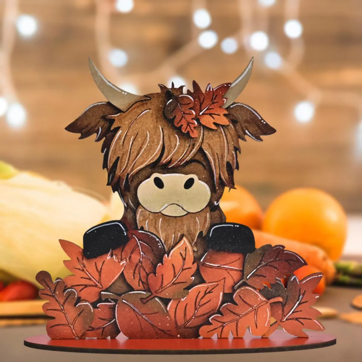 Highland Cow Design Wooden Ornament, Rustic Farmhouse Design Wooden Decorative Ornament, Fall Harvest Festival Home Room Holiday Decoration