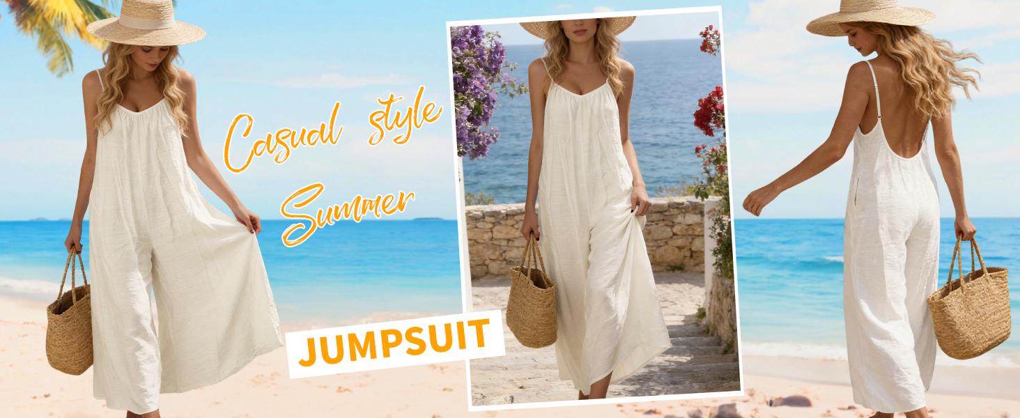 Tanming Women's Chic Basic Strappy Backless Spaghetti Strap Overalls - Sleeveless Tie-Back Long Wide-Leg Rompers for Women with Side Pockets, Casual Loungewear Outfit