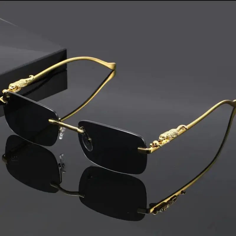 Luxury Panther Rimless Sunglasses – Bold Gold Frame with Black Lenses