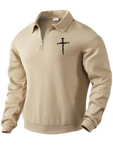 New men's solid color half-zip long sleeve hoodie, with cross print on the chest, knitted fabric, casual style, suitable for men' daily wear in autumn and winter, men's casual sports long sleeve hoodie.