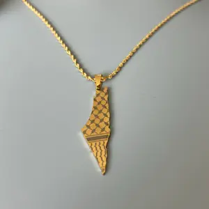 Palestine Map with Kefiyyeh Pattern Necklace Gold-Plated Rope Chain Pendant Jewelry