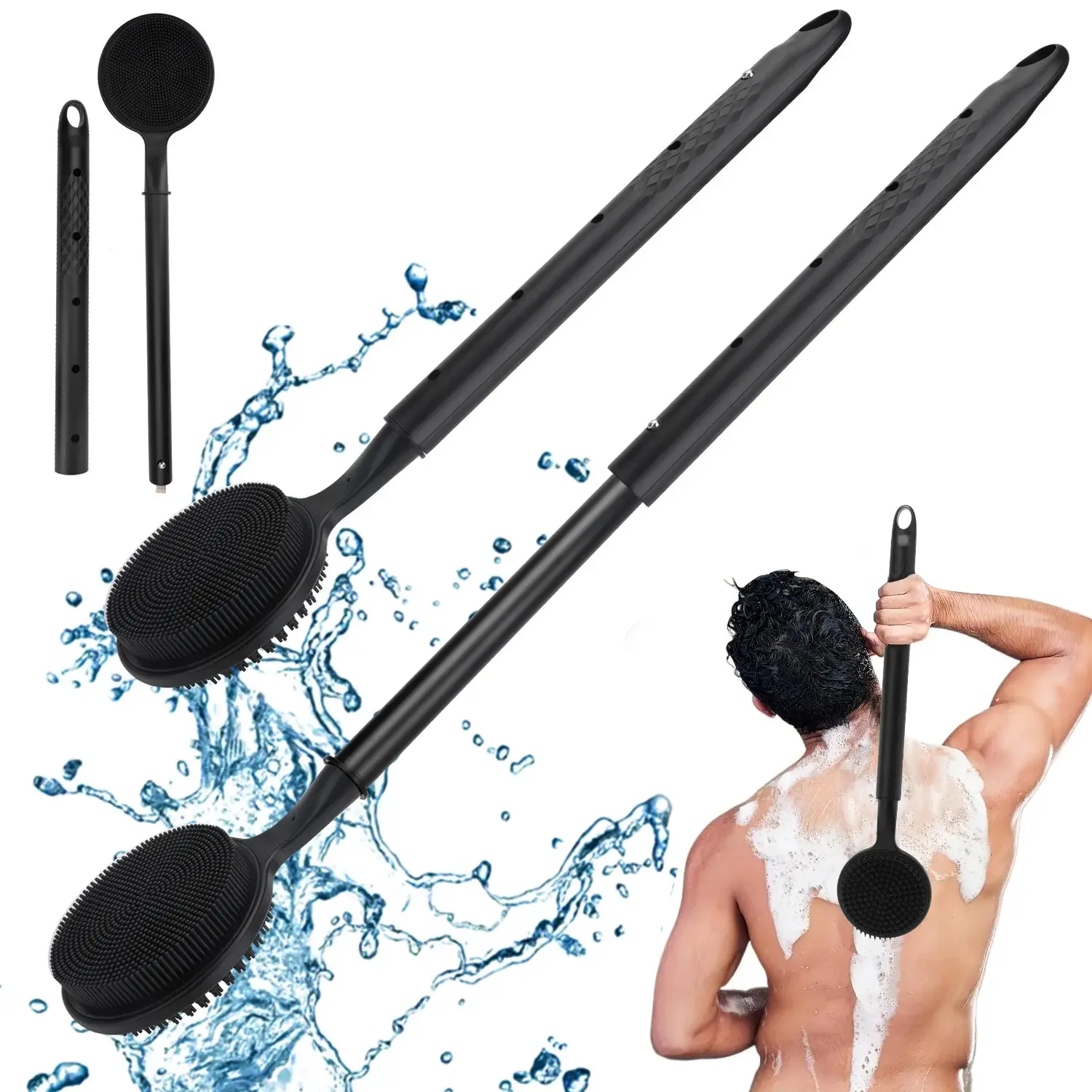 Extendable Back Scrubber for Shower - 16-24 Inch Long Handle Bath Brush with Silicone Body Scrubber – Ideal Back Brush for Men and Women – Easy to Clean (Black)