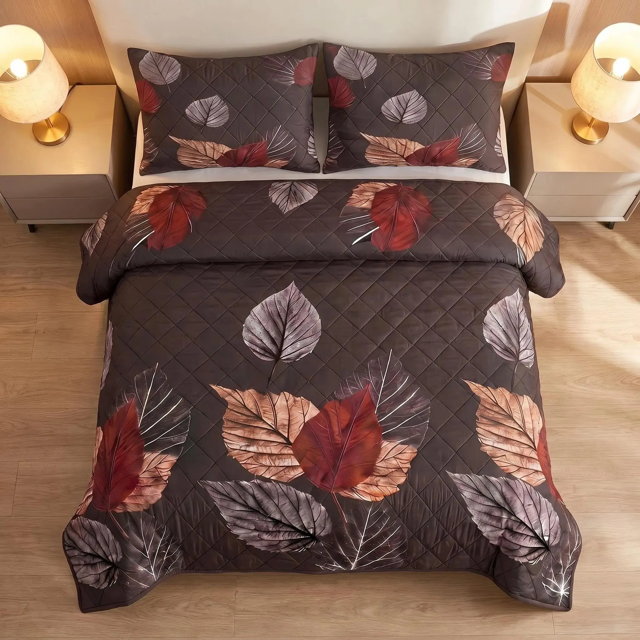 9 Piece Complete Bedroom Set Leaf Print, 1 Bedspread 2 Pillow Shams 6 Matching Curtain Panels, All Season Soft Microfiber Thin Quilt Bedding, Breathable Lightweight Decor For Queen King Cal King | Father’s Day Gift