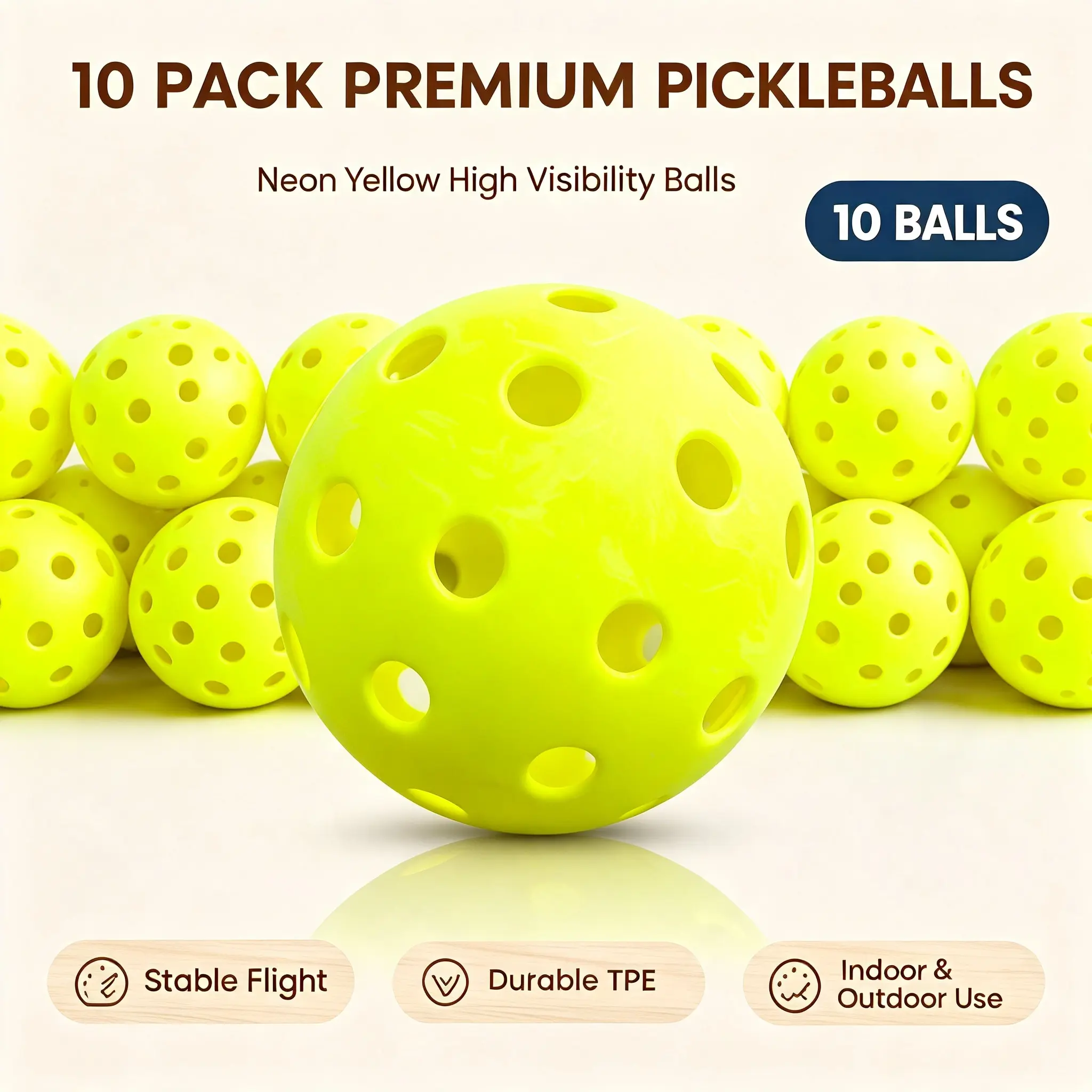 Unisex 10-Pack Neon Yellow Premium TPE Indoor Pickleballs, Official 74mm 23g Standard Size, Crack-Resistant, Uniform Bounce, Stable Flight for Beginners’ Recreational Training