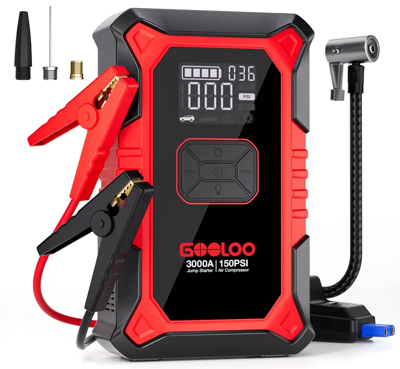 GOOLOO A3 Portable Car Jump Starter with Air Compressor, 3000A Car Battery Jump Starter (9.0 Gas/6.5L Diesel) with 150PSI Digital Tire Inflator Repair Tool Kit Vehicle