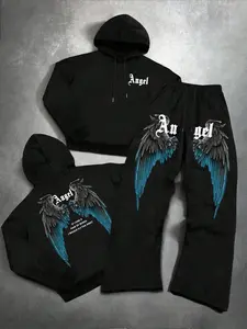 Angel Wing Printed Tracksuit Set, 2-Piece Hoodie & Sweatpants, Athletic Activewear Tracksuits, Soft Cotton-Blend, Gothic Streetwear, Casual Wear, Fall&winter