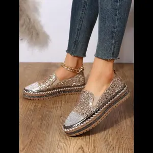 Women's Fashion Rhinestone Decorated Slip on Platform Shoes, Walking Shoes, Casual Lightweight Glittering Sequin Decor Shoes for Daily Wear, Footwear, Non-slip Comfortable Shoes for Women & Girls