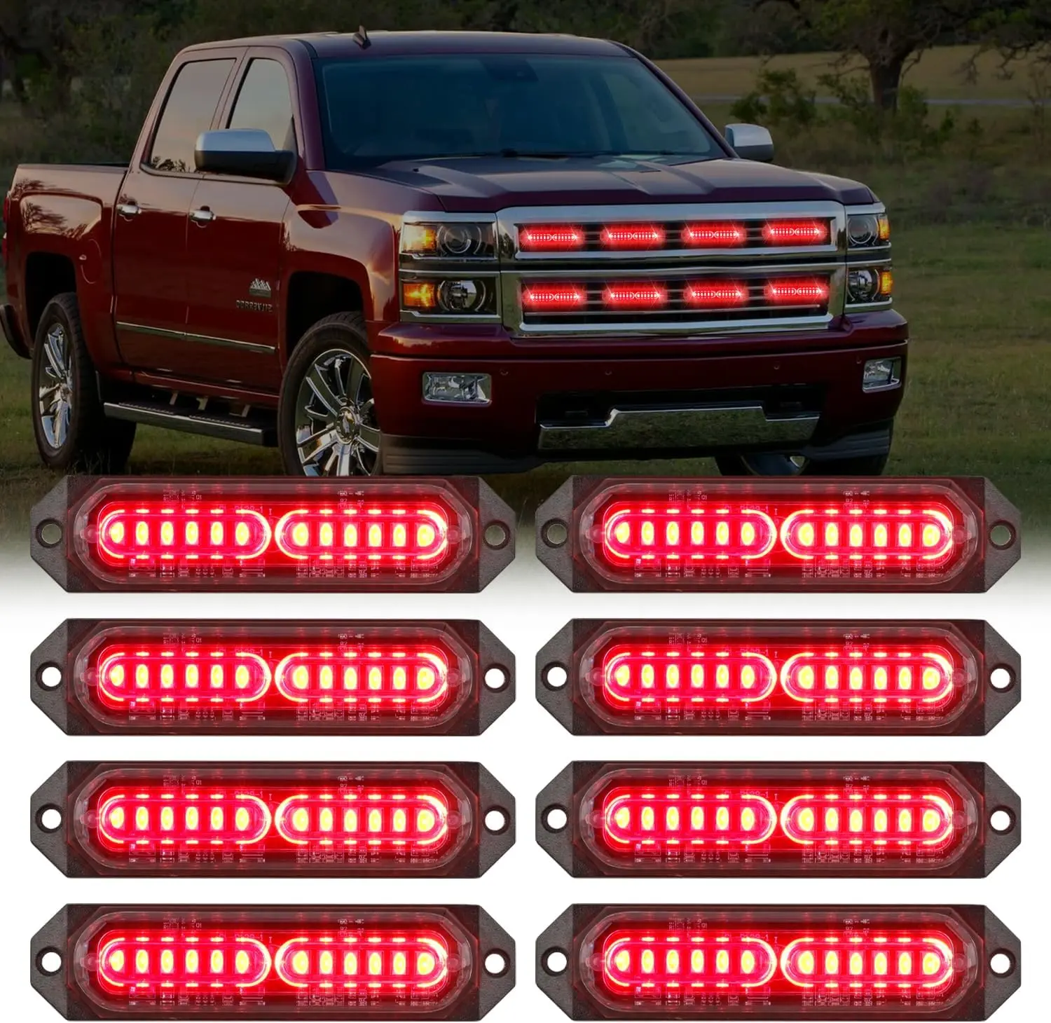 Nilight 8PCS 12LED Ultra-Thin Red Strobe Car Light Bar, 12V-24V Surface Mount, Sync Feature, High Brightness Mode, Mini Grille LED Work Light for Cars, Trucks, Light Bar Car
