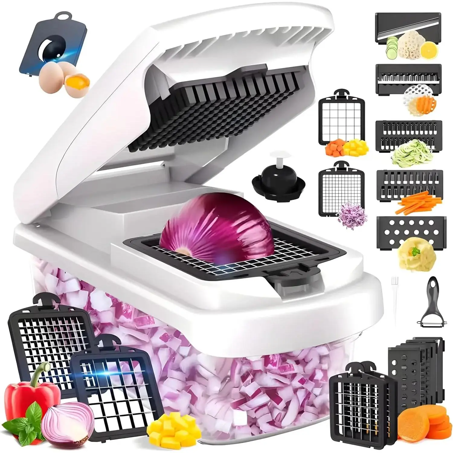 15-in-1 Heavy Duty Stainless Steel Compact Vegetable Chopper Kitchen Utensil, Multifunctional Adjustable Slicer Dicer with Sharp Blade & Large Container for Onion Salad Prep, Vegetable And Herb Slicer Mandolines