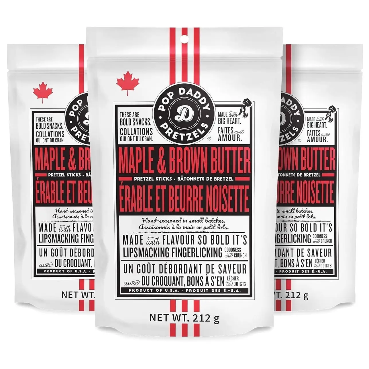 Pop Daddy Flavored Pretzels Sticks, Healthy Gourmet Pretzels Snacks, 7.5oz Individual Bags, 3 Pack, Maple and Brown Butter Flavor
