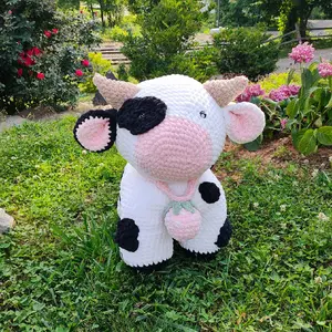 Crochet Strawberry Vaquita Jumbo Size - White with Black Spots & Strawberry Chain - Unique Whimsical Design for Creative Collection