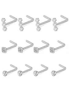 12Pcs Nose Studs for Women & Men, 20G Nose Rings Hypoallergenic 316L Stainless Steel, AAA+ CZ Nose Piercing Jewelry, L Shape Corkscrew Spiral Nose Ring Straight bar, Perfect Gift