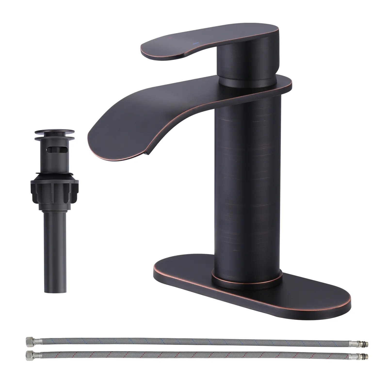 WOWOW Waterfall Bathroom Faucet Single Handle – Modern Oiled Rubbed Bronze Vanity Sink Faucet, Stainless Steel Basin Sink Tap for RV Lavatory 1 or 3 Hole, Hot & Cold Mixer Tap with Pop up Drain, Rv Compatible
