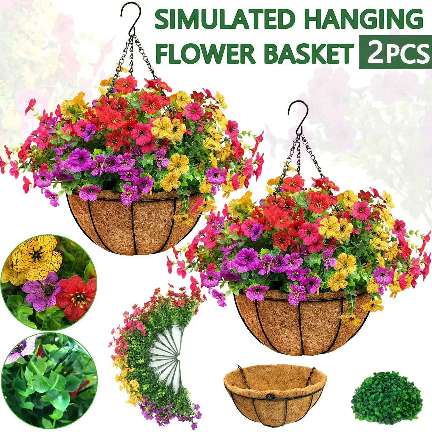 Two sets of hanging flower baskets with artificial flowers and hanging flower baskets, containing 24 flowers, are suitable for outdoor porches, residences, gardens, terraces, balconies, courtyards and home decorations.