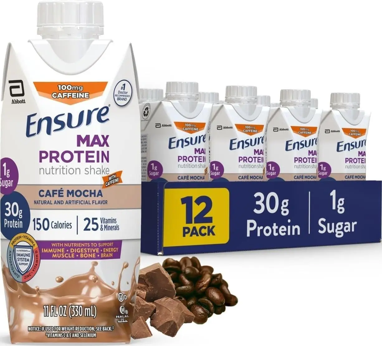 Ensure Max Protein Milk Chocolate Shake, 30g High Protein, 12 Pack | 30g Protein to Support Muscle Health & Manage Hunger for Adults, Each Protein Shake has 1g Sugar, 150 Calories, 4g Fiber Ensure Max Protein Milk Chocolate Shake, 30g High Protein, 12 Pack | 30g Protein to Support Muscle Health & Manage Hunger for Adults, Each Protein Shake has 1g Sugar, 150 Calories, 4g Fiber