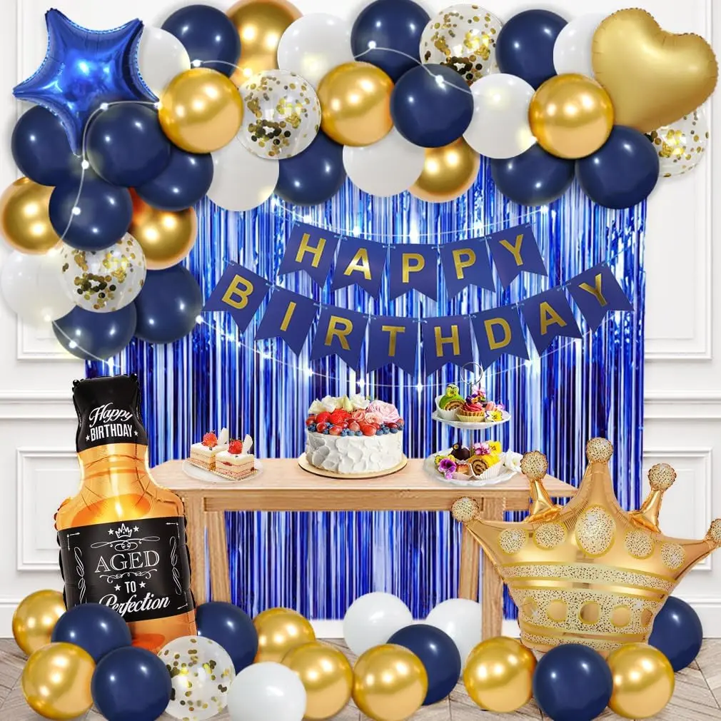 Navy Blue Men's Birthday Decorations Kit with Happy Birthday Banner, Curtains, Bottle, Crown, Heart Star Balloons, LED Light for Party Setup - Home Improvement Colorful Gift Set, Birthday Party Setup