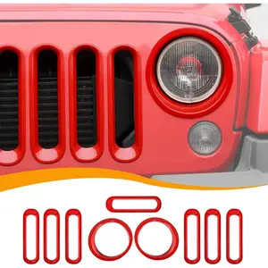 Front Grille Insert & Headlight Bezel Trim Fit for Wrangler JK JKU 2007-2017, Exterior Accessories, Red