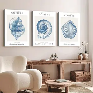 3pc-Coastal Wall Art, Vintage Seashell Sketch Triptych Poster, Nautical Botanical Style Printing, Navy Blue Beige Tone Canvas Decoration, Living Room & Bathroom Aesthetic, Perfect Housewarming Gift, Framed.