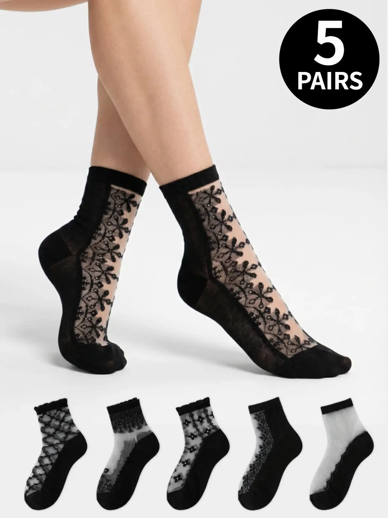 5 pairs of women's vintage lace-print sheer knee-high socks—stylish, casual, comfortable, elegant, and breathable for all seasons, perfect for everyday wear