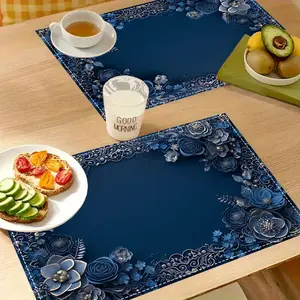 1pc/4pcs/6pcs flax Blue Floral Placemats, 12x18 Inch Linen Rectangular Table Mats, Blue Wreath Dining Cloth, Suitable for Home Kitchen Restaurant Decor, Holiday Party Table Decoration, Cafe Hotel Tablecloth, Home Decor